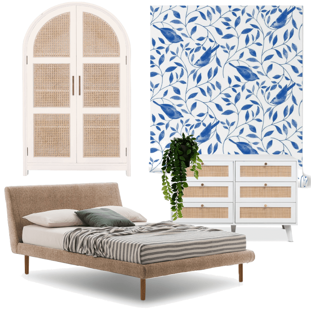 Blue floral wallpaper in a cozy bedroom setting, featuring a natural color palette and modern furniture.
