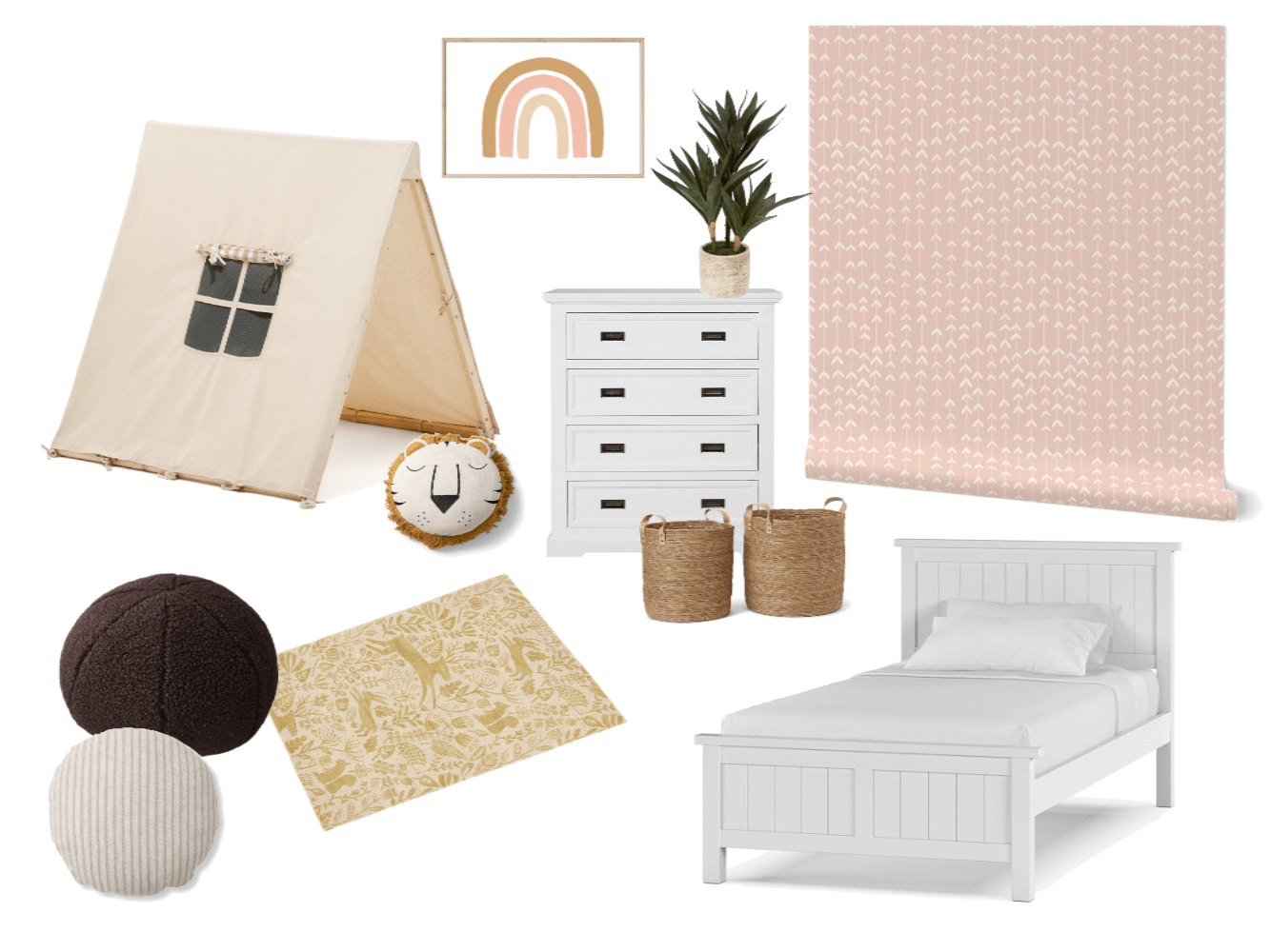 Soft blush arrow wallpaper, white furniture, and playful decor elements create a cozy nursery aesthetic.